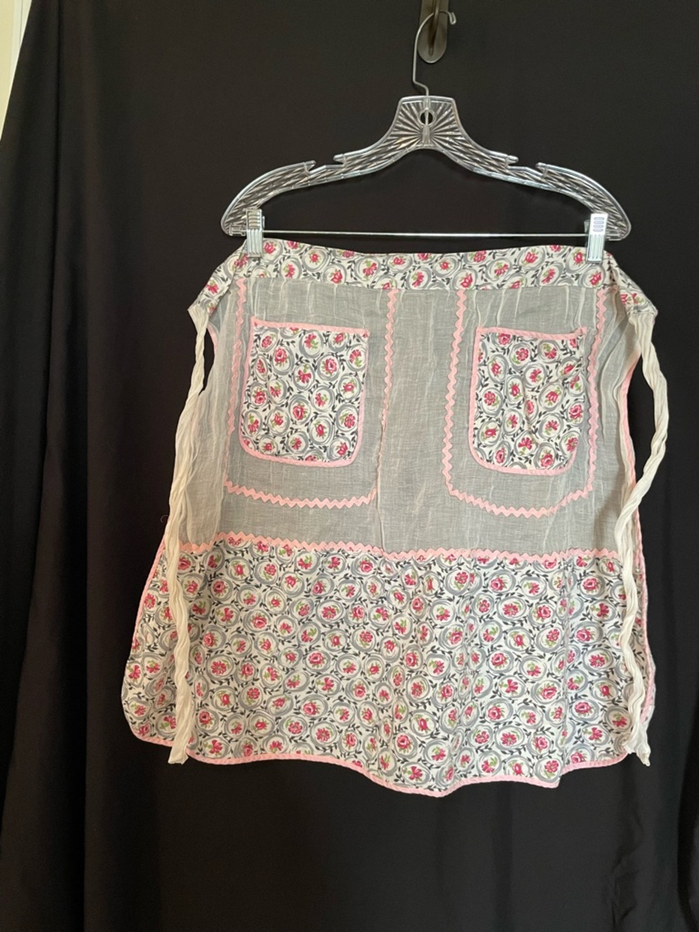 Vintage Handmade Collectible Pink Floral & Sheer Apron with 2 Pockets